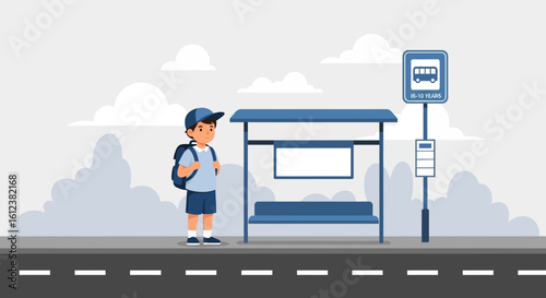 Young Student Waiting At The Bus Stop For Commute To Elementary School