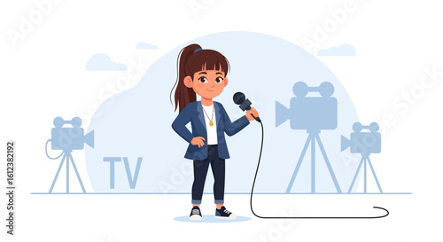 Young Television Reporter Broadcasting Live On Tv Channel Showing News