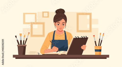 Young woman artist drawing in sketchbook at desk surrounded by art supplies