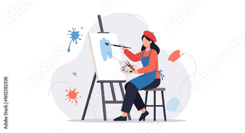 Young Woman Artist Painting on Canvas Creates Artwork in Her Studio