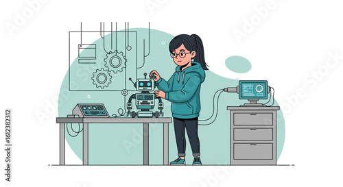Young Woman Assembling Robot In Workshop For Educational Purposes In Future