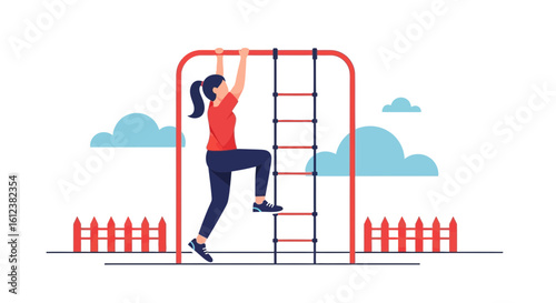 Young Woman Climbing Ladder Playground Equipment In Outdoor Setting Vector