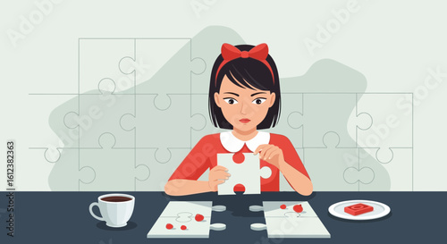 Young Woman Concentrating On Completing A Puzzle At Her Desk Illustration