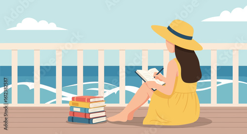 Young Woman Enjoying Beachside Vacation While Writing In Her Notebook