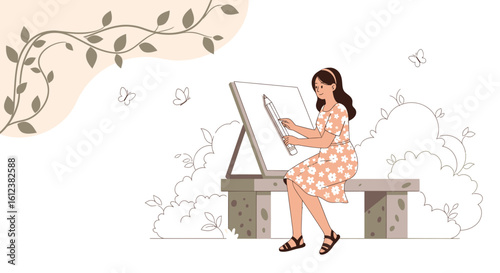 Young Woman Enjoying Artistic Endeavor Outdoors Drawing Nature Scene