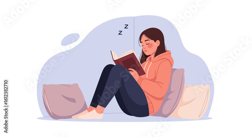 Young Woman Feeling Sleepy While Reading a Book in Relaxing Moment