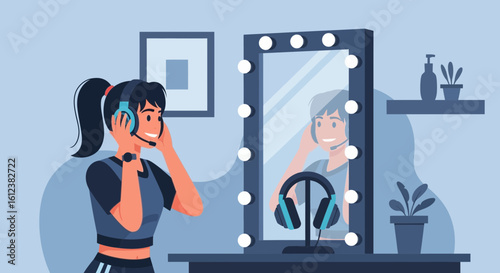 Young woman getting ready with headset, smiling in front of illuminated mirror for online call or video stream