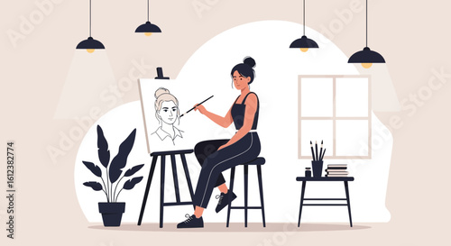 Young Woman Painting A Portrait On Canvas In Her Home Studio