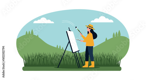 Young Woman Painting Outdoor Landscape With Easel And Brush Under Sunny Sky