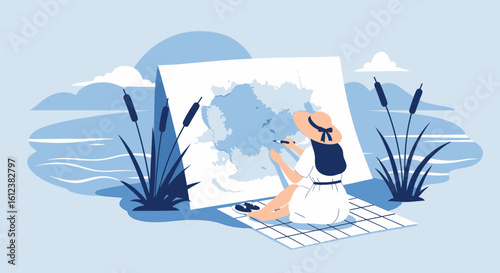 Young Woman Painting Picturesque Landscape Outdoors With Watercolor On Canvas