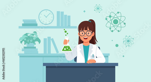 Young woman scientist in a laboratory coat conducting an experiment illustration
