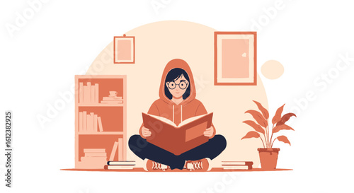 Young Woman Sitting Cross Legged Reading A Book With Shelves And Plant