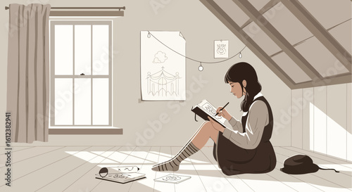 Young Woman Sitting in an Attic Drawing Creative Designs in a Sketchbook