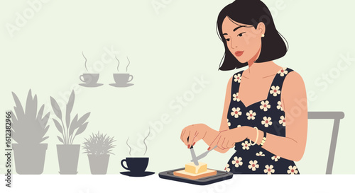 Young Woman Spreads Butter on Toast During a Cozy Morning Meal