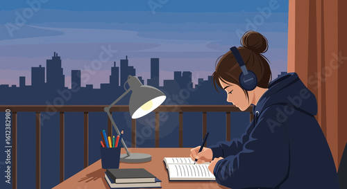 Young Woman Studying At Night With City View Background Illustration