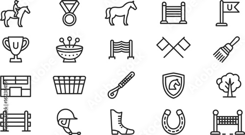 Line Drawing of Equestrian Sports Elements, Including Horse, Rider