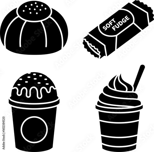 Black and White Dessert Icon Set Featuring Pastry Fudge Smoothie and Soft Serve Ice Cream Delights