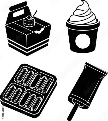 Black and white dessert icons illustration featuring sweets like cake ice cream and chocolate treats in a simple graphic style