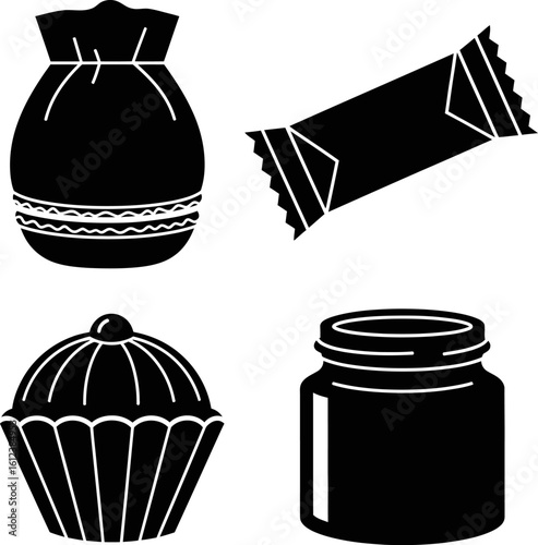 Black and white food icons including a bag cupcake candy bar and jar illustration confectionery design sweets and treats collection