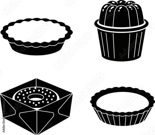 Black and white pastry icons illustration of pie jelly donut and tart for dessert or bakery concept
