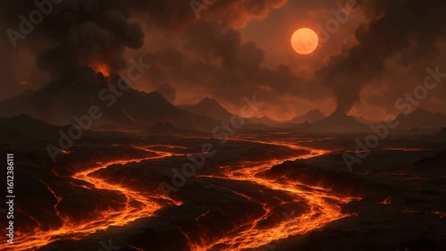 Standing on a volcanic world, glowing rivers of lava cut across the terrain, ash clouds and a dim orange sun overhead
