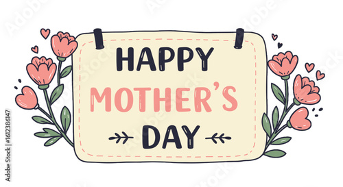Happy Mother's Day greeting card with floral decorations and hearts  