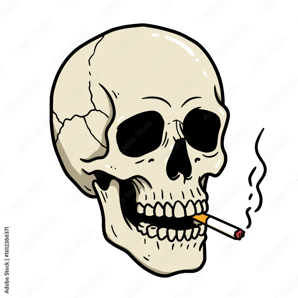Fototapeta premium Skull smoking cigarette with smoke in a hand-drawn flat vector illustration 