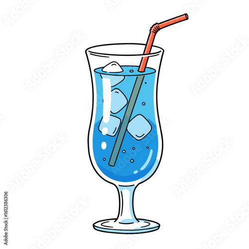 Blue cocktail with ice cubes and a straw in a glass  