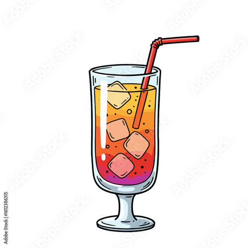 Colorful beverage with ice cubes and straw in glass on white background  
