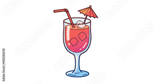 Colorful cocktail with straw and umbrella in a glass  
