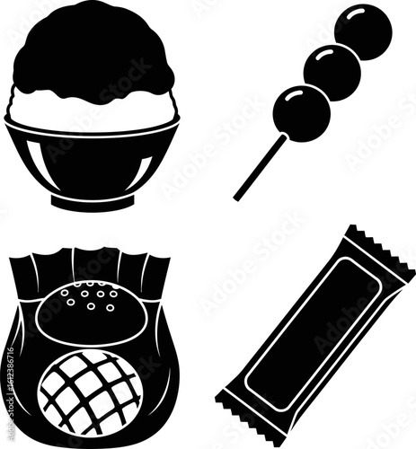 Delicious Japanese treats featuring kakigori dango rice cracker and snack package in a black and white vector design
