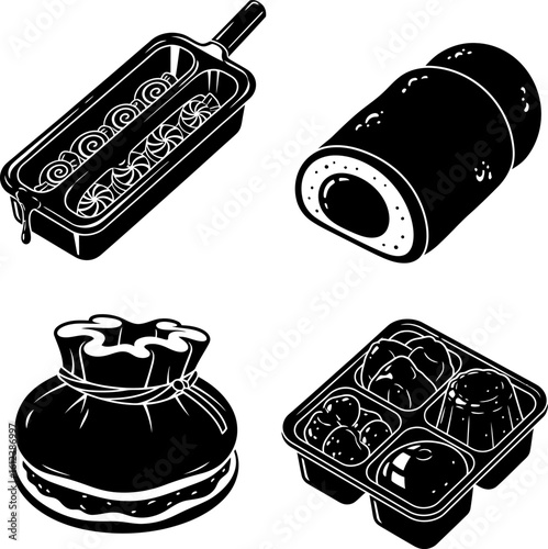 Isometric Dessert Variety in Black and White Featuring Popsicles Cake Roll Pouch and Divided Tray