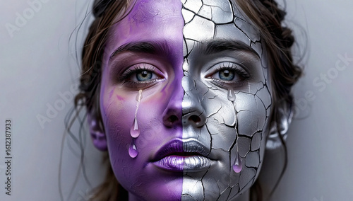 Portrait of Woman with Bicolor Face Paint and Simulated Tears