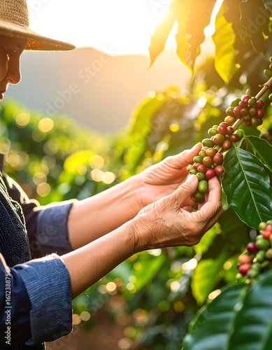 Farmer harvesting coffee beans