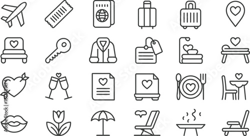 Collection of Romantic Travel Icons, Featuring Honeymoon Destinations and Vacation Activities