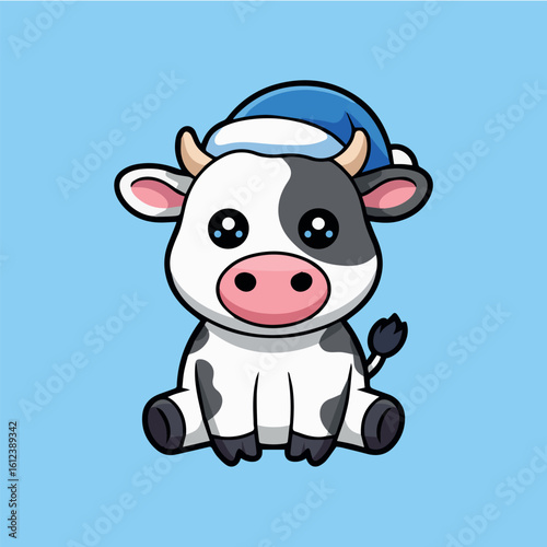 Clean and modern vector  cute cartoon cow with santa hat vector illustration for christmas holiday season graphic design elements 100