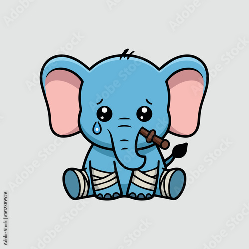 Clean and modern vector  cartoon sad elephant illustration cute animal character design vector graphic injured with bandage and tears drawing