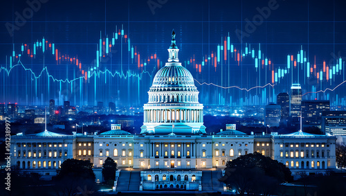 U S Capitol Building Night View with Overlayed Blue and Red Stock Market Candlestick Chart Data