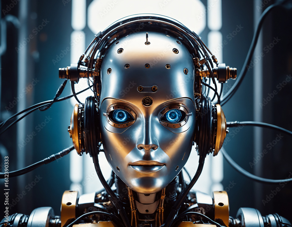 Fototapeta premium The robot's head is half open, with wires and mechanisms visible inside.