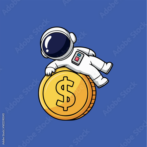 Clean and modern vector  astronaut on gold coin illustration for space exploration and financial freedom themed designs and graphics