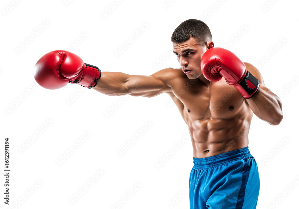 Powerful male boxer in intense action, delivering a sharp punch with red gloves Powerful male boxer in intense action, delivering a sharp punch with red gloves