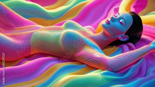 Hyperreal Rainbow Mesh Woman Reclining on Colorful Flowing Fabric