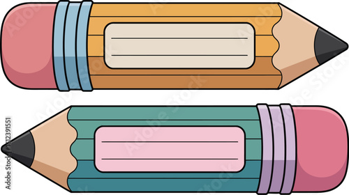 Illustration of two cartoon pencils with erasers and name tags for back to school use