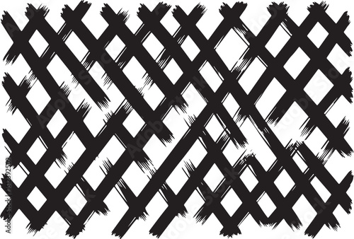 Black and white abstract geometric pattern of crossed brushstrokes on a white background