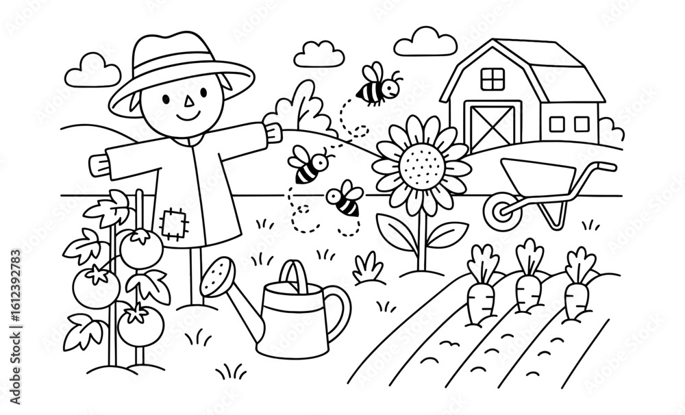 Obraz premium Charming farm scene with scarecrow in a colorless outline design