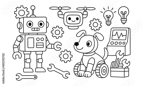 Cute robot and dog coloring page with gears and tools in cartoon style
