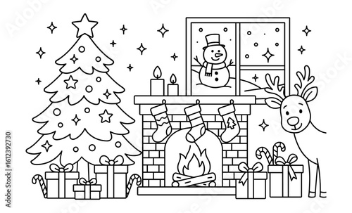 Charming christmas scene with tree, fireplace, snowman, and reindeer in line art