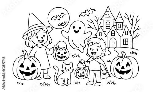 Children trick or treating in halloween outfits with pumpkins and haunted house