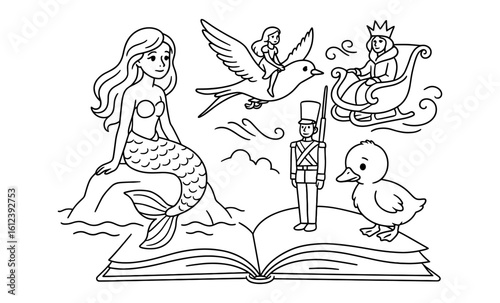 Fairy tale characters in black and white line art for coloring books