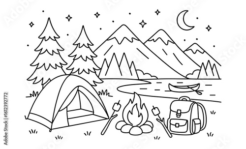 Camping adventure under the stars with tent and campfire in nature